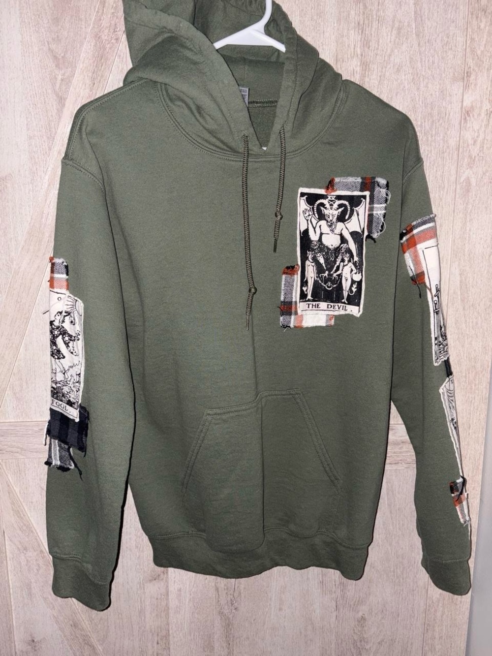 Handmade Salem Tarot Card Patchwork Hoodie Olive Green | Small